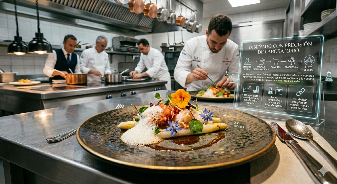 Plato preparado en cocina profesional con control de costos